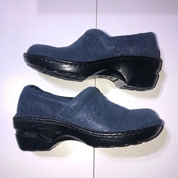 B.O.C. Blue Shimmer Slip On Clog Wedge Sneaker With Woodgrain Heel Size 6 - Picture 8 of 8